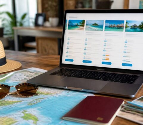 Tropische reisitems op tafel naast een laptop om vakanties te vergelijken