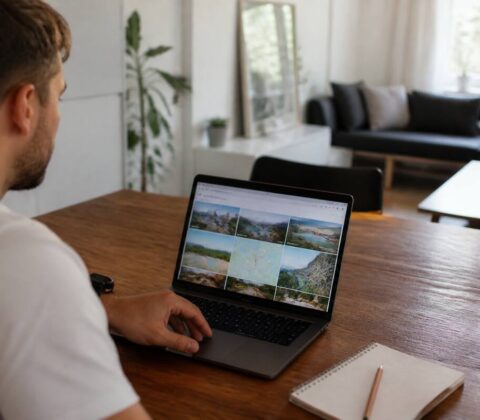 Iemand die met laptop en notities vakanties vergelijkt aan een keukentafel