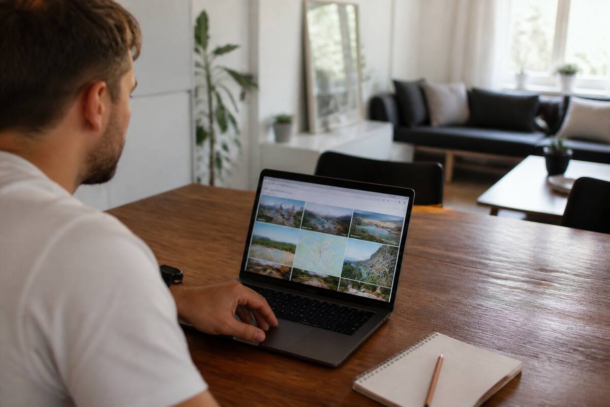 Iemand die met laptop en notities vakanties vergelijkt aan een keukentafel