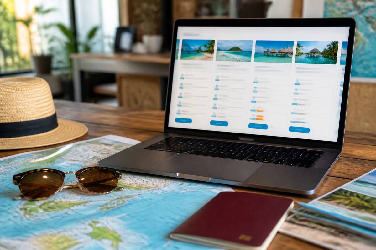 Tropische reisitems op tafel naast een laptop om vakanties te vergelijken