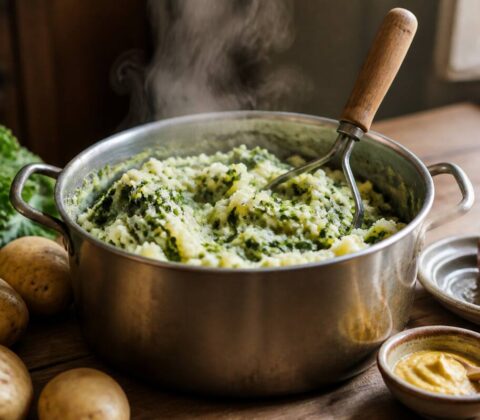 Pan met huisgemaakte stamppot en eenvoudige ingrediënten op een keukentafel