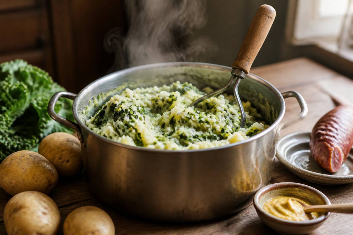 Pan met huisgemaakte stamppot en eenvoudige ingrediënten op een keukentafel