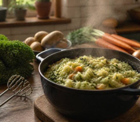 Pan met zelfgemaakte stamppot op een keukentafel met verse groenten