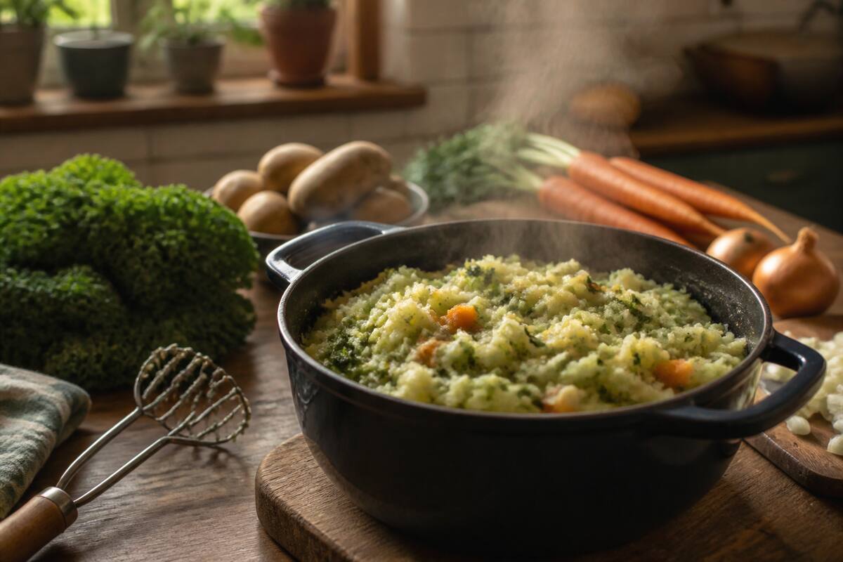Pan met zelfgemaakte stamppot op een keukentafel met verse groenten