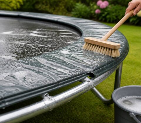 Schoonmaken van een trampoline: springmat, randkussen en frame met een zachte borstel