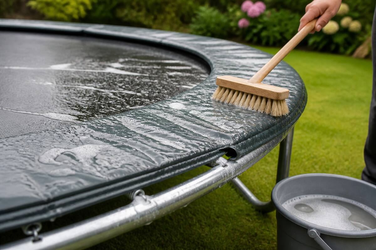 Schoonmaken van een trampoline: springmat, randkussen en frame met een zachte borstel
