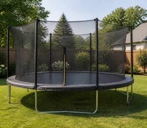 Ronde trampoline in een tuin met veiligheidsnet en randkussen op een vlakke ondergrond