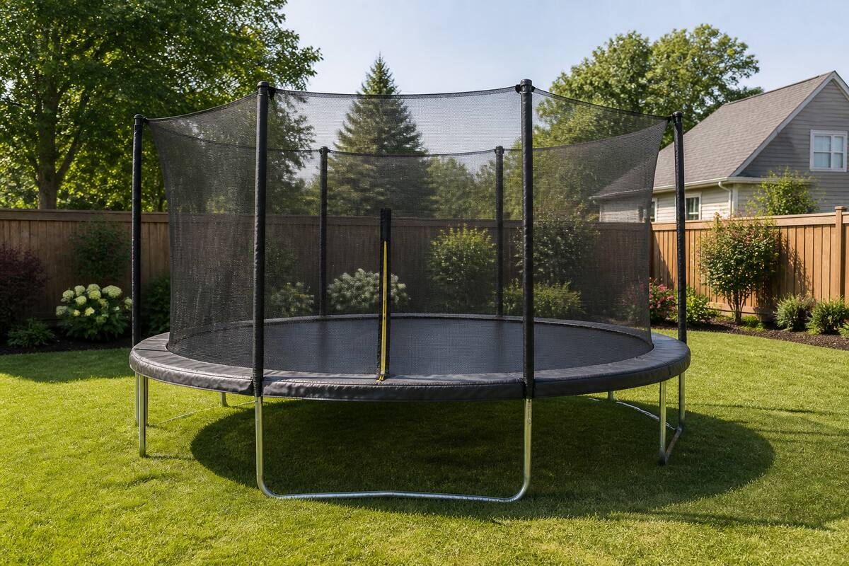 Ronde trampoline in een tuin met veiligheidsnet en randkussen op een vlakke ondergrond