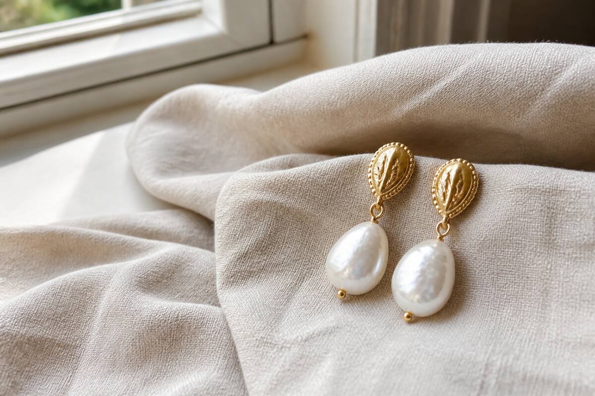Realistisch voorbeeld van elegante oorbellen op een neutrale achtergrond met natuurlijk daglicht