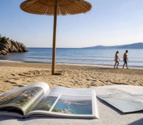 Ontspannen vakantiesfeer aan zee met een open reistijdschrift en kaart op het strand