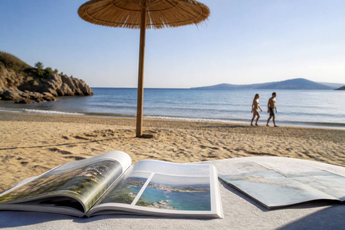 Ontspannen vakantiesfeer aan zee met een open reistijdschrift en kaart op het strand