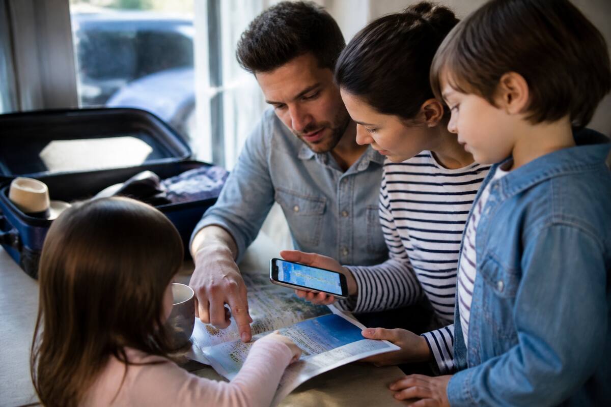 Gezin dat vakanties vergelijkt met vakantiegids en telefoon aan een bureau bij een raam