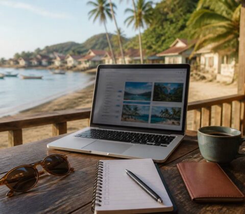 Checklist voor vakantie vergelijken op een tafel bij het raam met uitzicht op een kustlijn