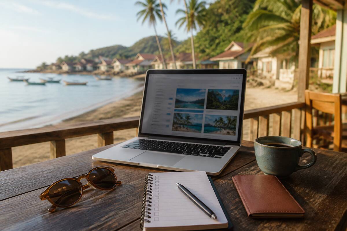 Checklist voor vakantie vergelijken op een tafel bij het raam met uitzicht op een kustlijn
